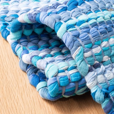 Handmade Blue Cotton Flat Woven Rectangular Rug