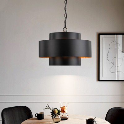 Rennnsan Wynleyne 19"W 7-Light Drum Gold Foile Industrial Dimmable Chandelier in Black