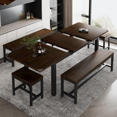 Espresso Extendable Kitchen Table Set with 2 Benches and 2 Square Stools
