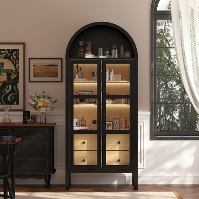 72" H Modern Farmhouse Auto Sensor Light Arched Cabinet with Glass Doors, Adjustable Shelf and 2 Drawers
