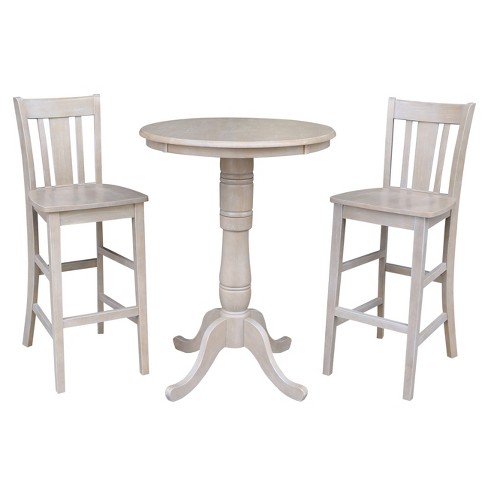 3pc Solid Wood Round Pedestal Bar, Round High Table And Chairs
