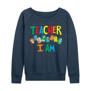Women's - Dr. Seuss - The Cat In The Hat Book Cover Teacher I Am Lightweight French Terry Wide Neck Long Sleeve Shirt - 1 of 4