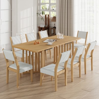 Farmhouse 9-Piece Extendable Dining Table Set with 2 12" Removable Leaves and 8 Upholstered Dining Chairs - ModernLuxe