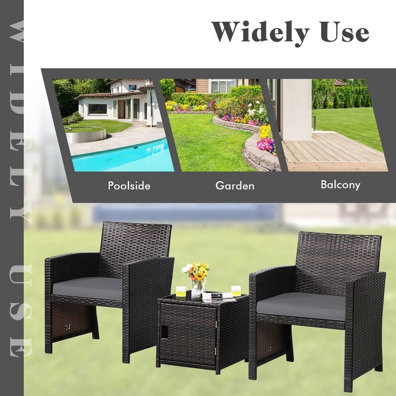 Costway 3PCS Patio Wicker Furniture Set Storage Table W/Protect Cover Cushioned, 5 of 11