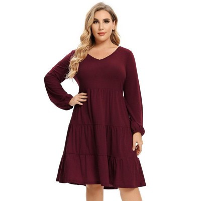 Women's Plus Size Fall Dress Long Sleeve Casual Babydoll Shift Tiered Flowy Midi Dresses