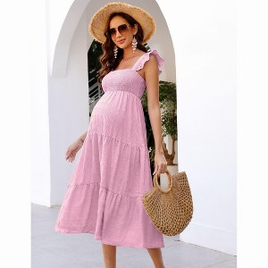 BLUEMING Maternity Dress Summer Ruffled Highwaist Dress with Mini Cap Sleeve Shirred A-Line Midi Dress Floral Sundress - 1 of 4