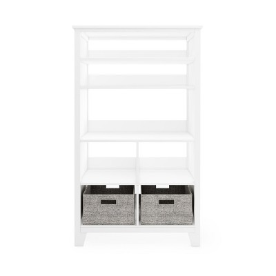 Creamy White Kids' Tall Bookcase with Fabric Bins
