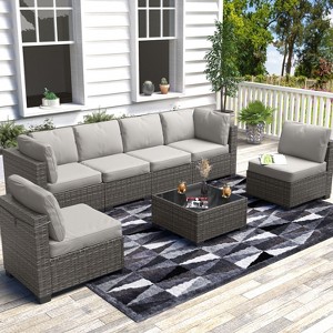 7-Piece Outdoor Patio Furniture Set, PE Rattan Wicker Sectional Modular Conversation Sofa Set with Thick Cushions & Glass Top Coffee Table - 1 of 4