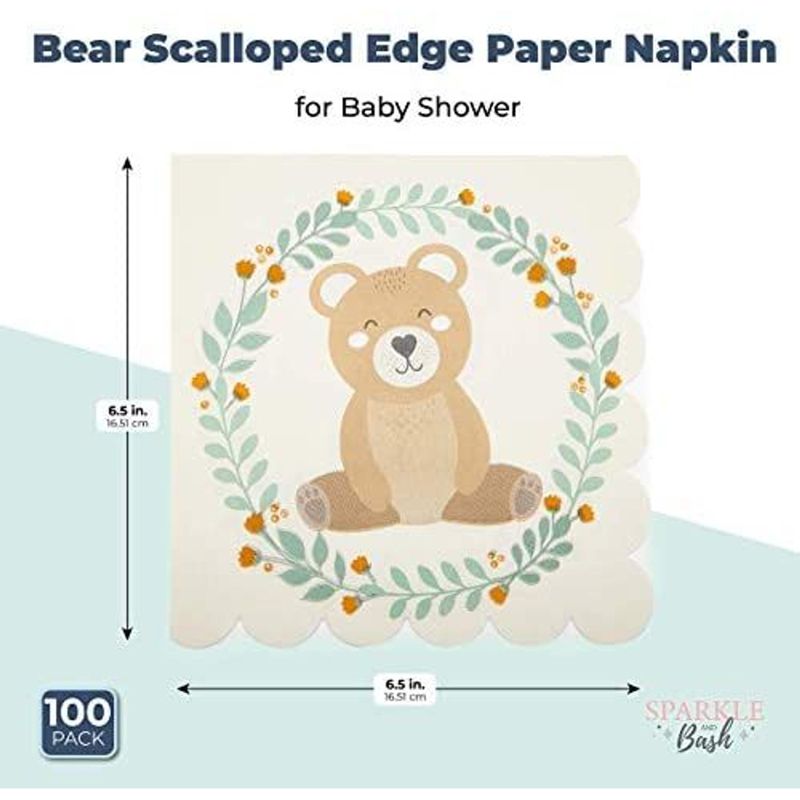 Sparkle and Bash 100 Pack Bear Disposable Paper Napkins for Boy Baby Shower, Scalloped Edge 6.5 In, 2 of 3