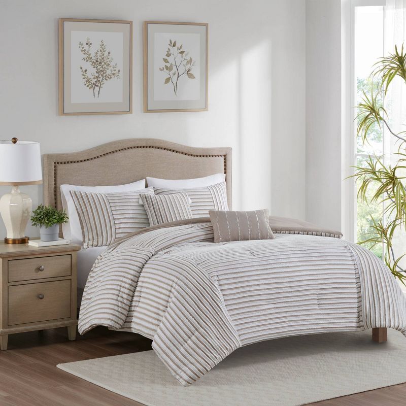 Madison Park 5pc River Clipped Jacquard Comforter Bedding Set with Throw Pillows Off-White, 3 of 12