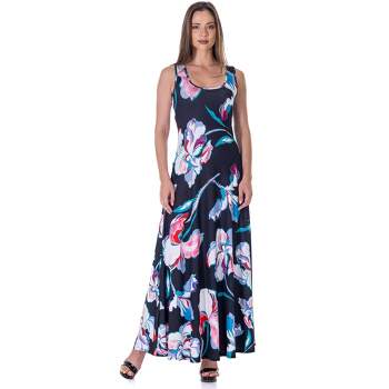24seven Comfort Apparel Womens Black Floral Print Scoop Neck A Line Sleeveless Maxi Dress
