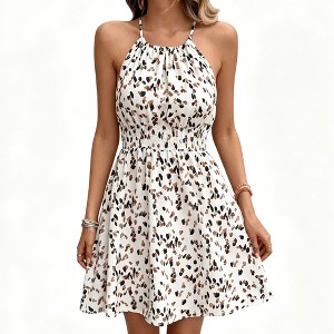 smocked printed sleeveless a line dress CUPSHE Women's Summer Halter Flare V Neck Backless Mini Spaghetii Sraps Beach DressBlack Ayolanni Long Summer Dresses for