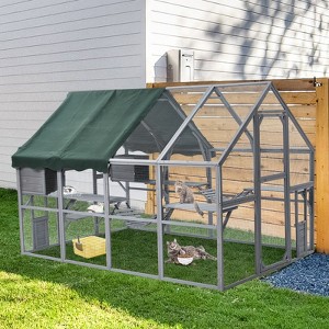 Whizmax Large Outdoor Cat House, Animal Enclosure with 2 Lockable Cat Doors and a Walk In Door, Large Catio with Half Waterproof Cover & Resting Boxes - 1 of 4