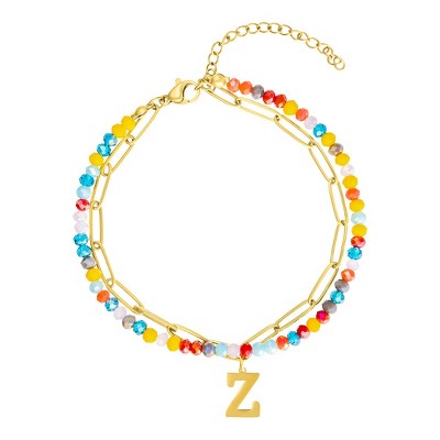 Adornia 14k Gold Plated Adjustable Layered Color Beads and Paperclip Chain Initial Bracelet