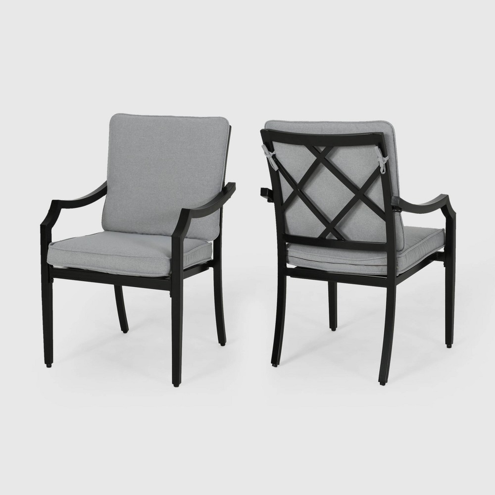 San Diego 2pk Aluminum Dining Chairs with Cushions Matte Black Light Gray