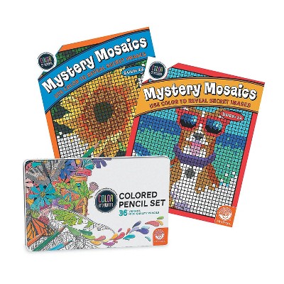 MindWare Color By Number Mystery Mosaics: Books 13 & 14 With 36 Colored Pencils Set - Coloring Books