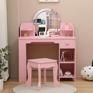 Garvee Kids Vanity with Lighted Mirror, Kids Vanity Set with Mirror & Drawers, Kids Makeup with Bookshelf, Open Shelves for 3-9 - 1 of 1