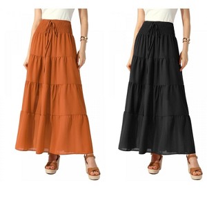 Allegra K Women's Boho Summer Smocked Elastic Waist Tiered A-Line Beach Maxi Skirt 2 Packs - 1 of 4