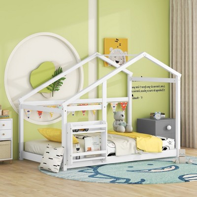 Twin Size Wooden House Bed with Storage Shelf - ModernLuxe