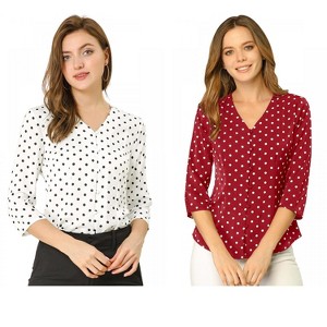 INSPIRE CHIC Women's Polka Dots 3/4 Sleeve Casual Button Front Shirt 2 Pieces - 1 of 4
