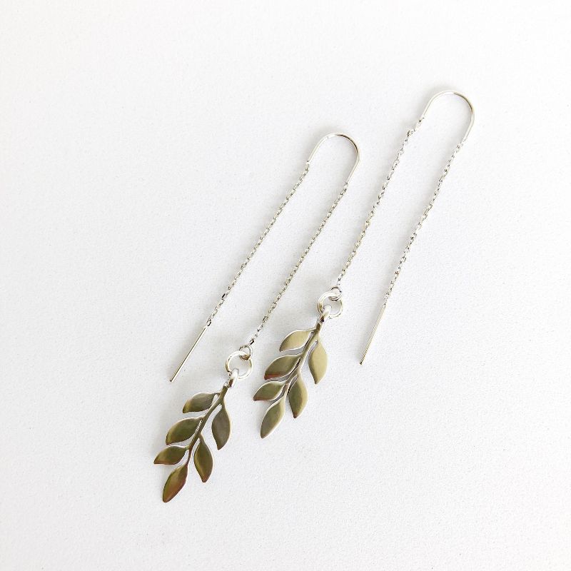 Sanctuary Project by sanctuaire Dainty Olive Branch Threader Drop Earrings Silver, 1 of 2