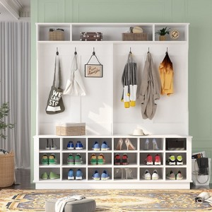 FUFU&GAGA White 63"W 18 Shoe Cubbies Wide Hall Tree With Hooks - 1 of 4