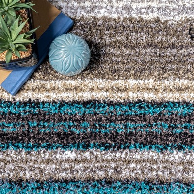 Handmade Tufted Striped Shag Round Rug in Blue Multi