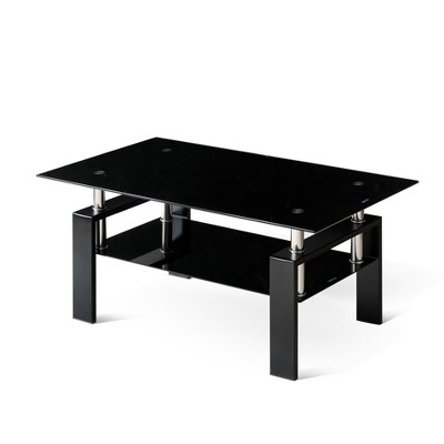 Ridstar Rectangular 2-Layers Tempered Clear Glass Coffee Tables For Living Room-Black