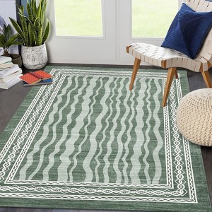 Modern Wave Print Area Rug Geometric Bordered Floor Carpet for Bedroom Low Pile Soft Rugs for High Traffic Areas - 1 of 4