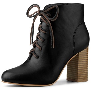 Allegra K Women's Round Toe Lace Up Chunky Heels Ankle Booties - 1 of 4