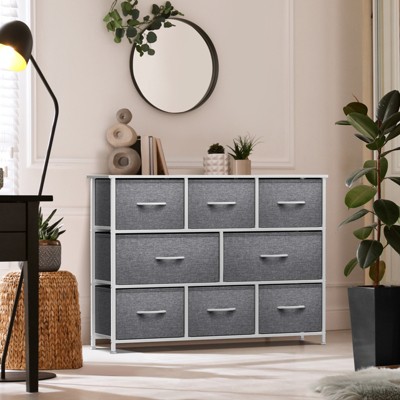 White and Gray 8-Drawer Fabric Dresser with Steel Frame