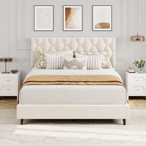 Coolmee Full/Queen/King Bed Frame with Upholstered Headboard, Heavy-Duty Platform Bed with Strong Wood Slats, No Box Spring Needed - 1 of 4