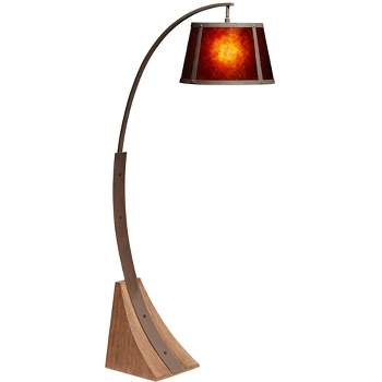 Franklin Iron Works Oak River Rustic Mission Arc Floor Lamp 66 1/2" Tall Dark Rust Wood Amber Mica Drum Shade for Living Room Reading Bedroom Office