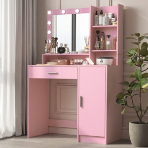 KTMBDW Vanity Desk with Mirror&Light, Large Drawer Three Level Storage Dresser, 3 Lighting Modes Adjustable Brightness, Bedroom Dressing Table - 1 of 4