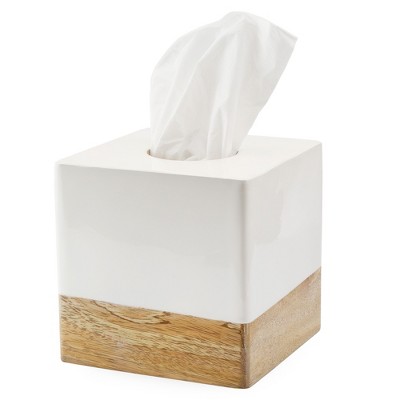 AuldHome Design Tissue Box Cover (Enamel/Mango Wood); Minimalist Scandinavian Decor White Tissue Holder