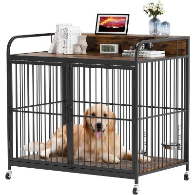 Homhougo Dog Crate Furniture, Dog Crate Indoor with Adjustable Height Rotating Feeder Brown