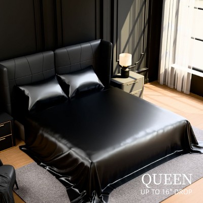Dsvimoy Bedding Set 4 Piece Silky Satin Sheets with Deep Pocket for Modern Bedroom, Black, 12"*10"*3"