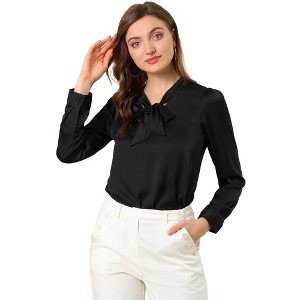 INSPIRE CHIC Women's Tie Neck Satin Long Sleeve Solid Color Blouse - 1 of 4