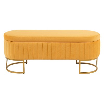 GlasFlength Ottomans and Benches Oval Velvet Storage Bench Upholstered Bedroom Bench Modern Storage for Living Room, Yellow, 46.97"*16.9"*11.41"