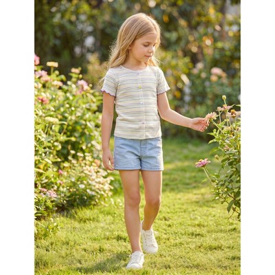 INSPIRE CHIC Girls Crew Neck Short Sleeve Tops Striped Rib Knit Lettuce Cuff Cotton Shirt Large White Purple — фото 2