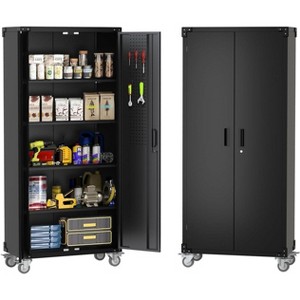 Acekool Metal Storage Cabinet with Wheels, Lockable Rolling Steel Organizer with Pegboard & 4 Adjustable Shelves for Garage, Home, Office, Black - 1 of 4