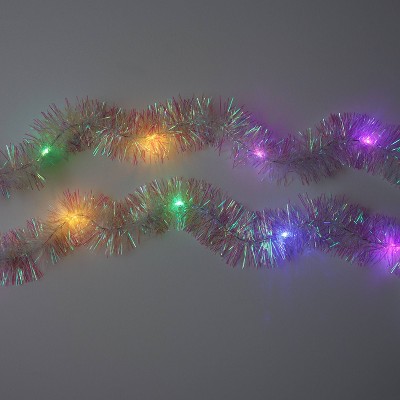 30ct Iridescent Tinsel Dew Drop LED Garland Battery Operated String Lights Multicolor with Silver Wire - Wondershop™