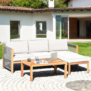 Costway 3PCS Patio Acacia Wood Sofa Furniture Set Thick Cushion W/Nylon Rope Armrest - 1 of 4