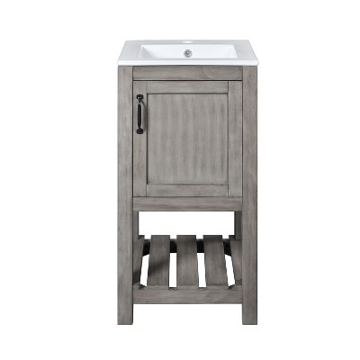 Vynxaria 16" Compact Gray Bathroom Storage Cabinet with Ceramic Basin and Open Shelf
