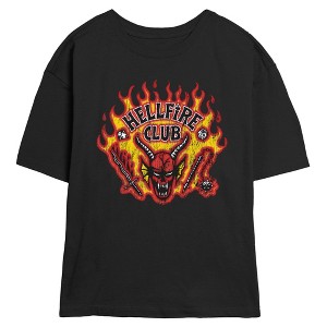 Juniors Womens Stranger Things Distressed Hellfire Club Flame Badge T Shirt - 1 of 4