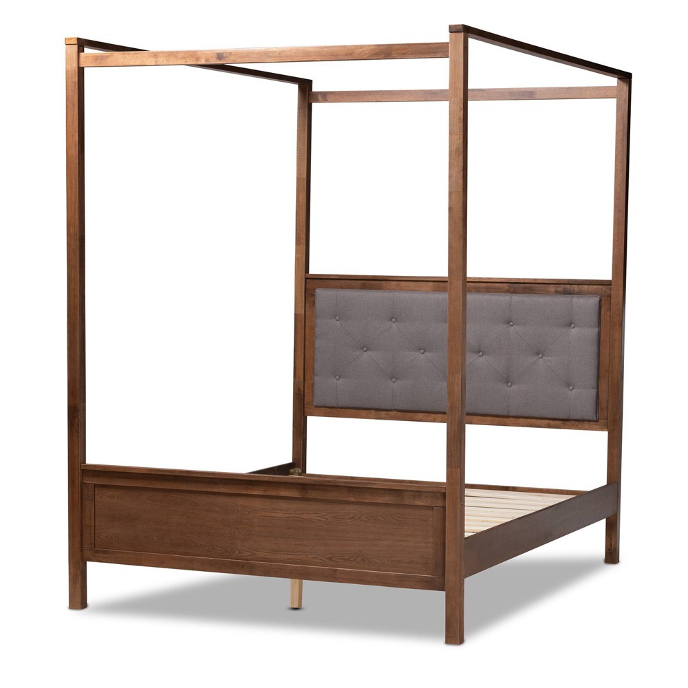 Photos - Bed Frame Queen Natasha Fabric Upholstered Wood Platform Canopy Bed Gray/Walnut Brow