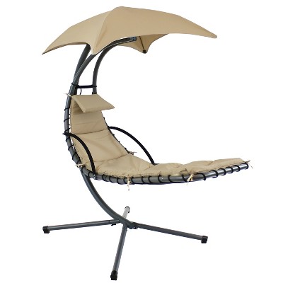 Sunnydaze Outdoor Hanging Chaise Floating Lounge Chair with Canopy Umbrella and Stand, Beige