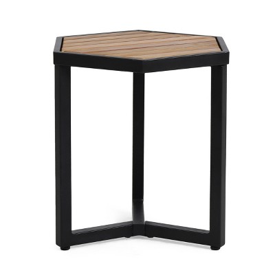 Vynxaria Nahanni Modern Industrial Side Table Powder-Coated Iron Frame, Acacia Wood Slats, 15.75"W×13.50"D×16.00"H, Outdoor-Ready