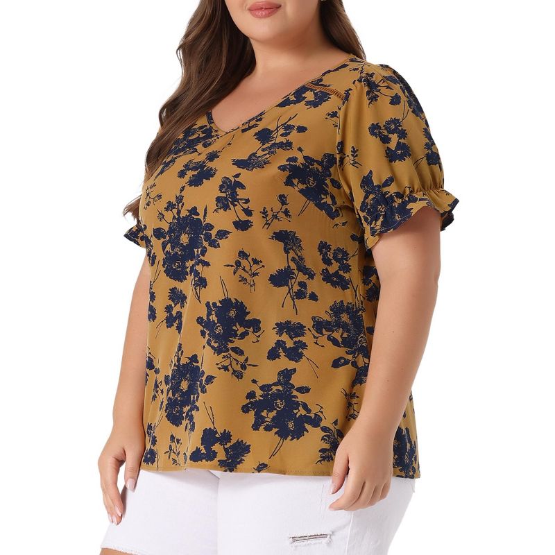 Agnes Orinda Women's Plus Size V Neck Ruffle Sleeve Floral Summer Casual Blouses, 2 of 6
