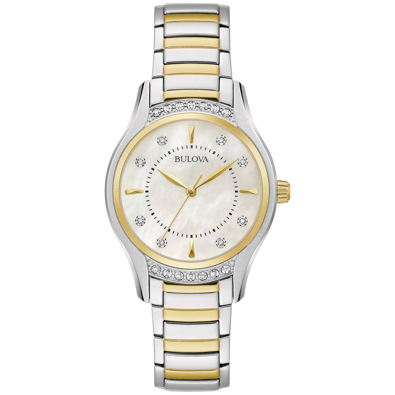 Bulova Ladies' Classic Diamond 3-Hand Quartz Two Tone Gold Stainless Steel Watch, 16 Diamonds, Mother-of-Pearl Dial, Curved Mineral Crystal, 1 of 7